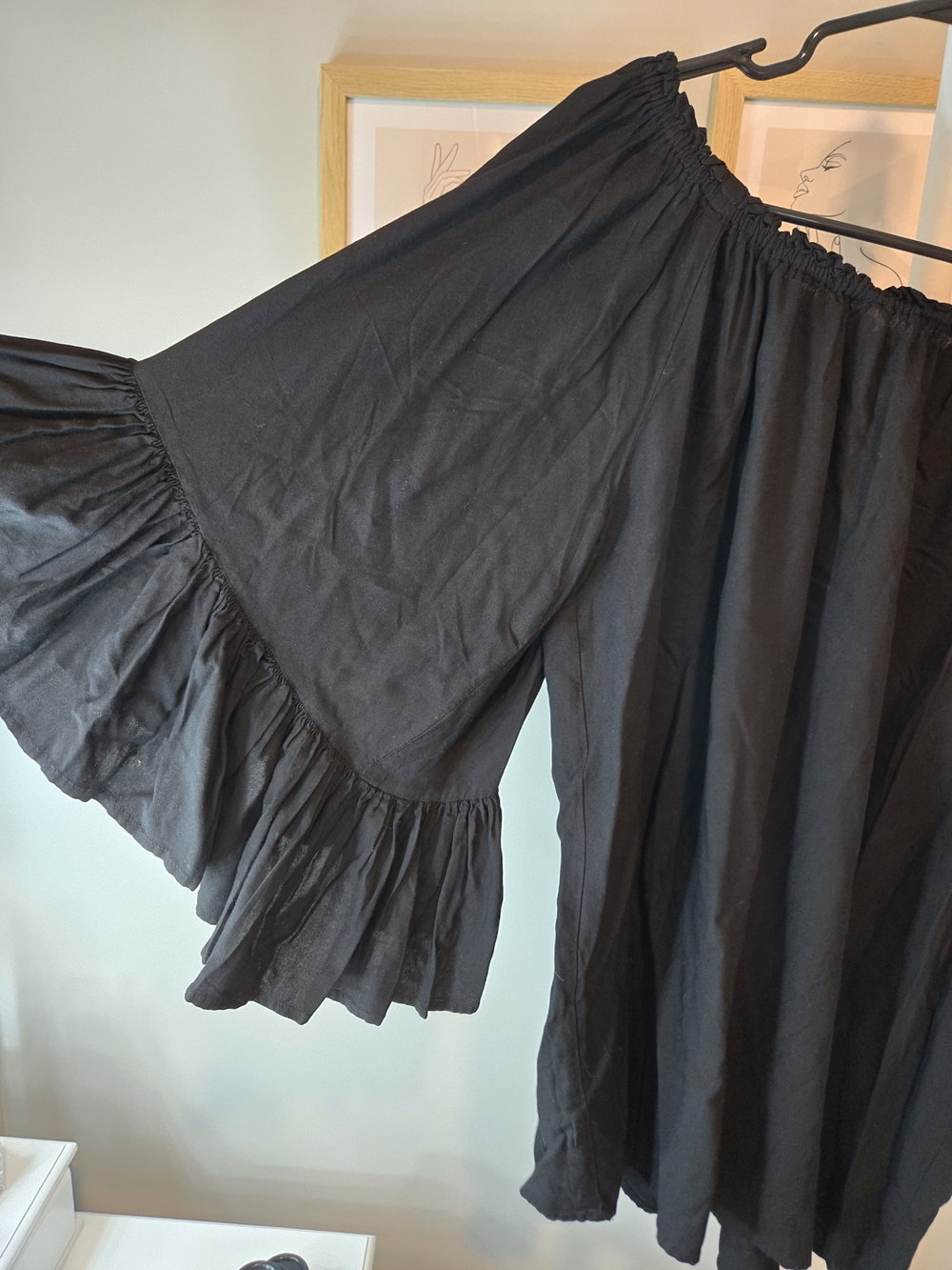 Bell Sleeve Women's Black Ruffle Shirt - Off-Shoulder Style